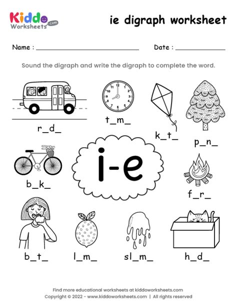 Free Printable ie digraph worksheet - kiddoworksheets Ie Phonics Worksheets, Ie Words Worksheet, Diagraph Worksheet For Kids, Digraph Worksheets Kindergarten Free, Vowel Digraphs Worksheets, Igh Words Worksheets, Diagraph Worksheets, Long I Worksheets, Ie Words Phonics