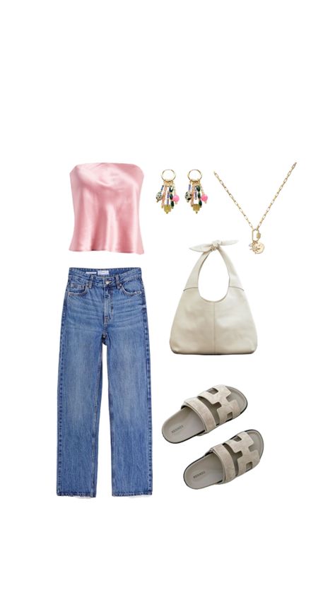 Top Jeans Outfit, Strapless Top Outfit, Pink Strapless Top, Curated Outfit, Top Jeans, Colorful Accessories, Chic Shop, Chic Casual, Classic Jeans