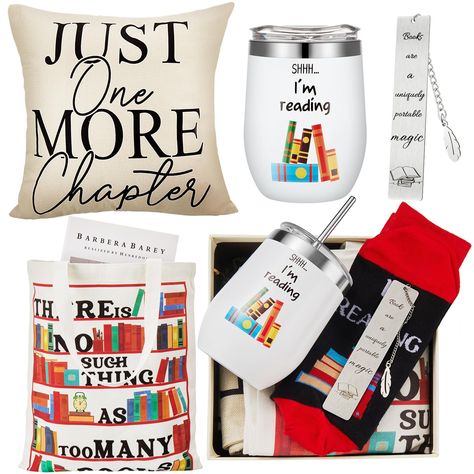 PRICES MAY VARY. Gifts for Book Lovers Set of 5: the package contains 1 library canvas tote bag, 1 book lover pillow case, 1 pair of socks, 1 bookmark, 1 insulated stainless steel wine tumbler with lid, 5 pcs in all, the various and functional set will win many praises from gift receivers, and show your care and love Inspirational and Warm Design: the book reader gifts boast a tastefully refined design, each adorned with heartfelt, motivating phrases that inspire readers to keep turning pages an Gift Basket For College Student, Book Accessories Gift Ideas, Book Lover Gift Basket, Book Basket Ideas, Romance Bookstore, Book Lovers Gift Basket, Book Lover Gift Ideas, Gifts For Movie Lovers, Book Worms Humor