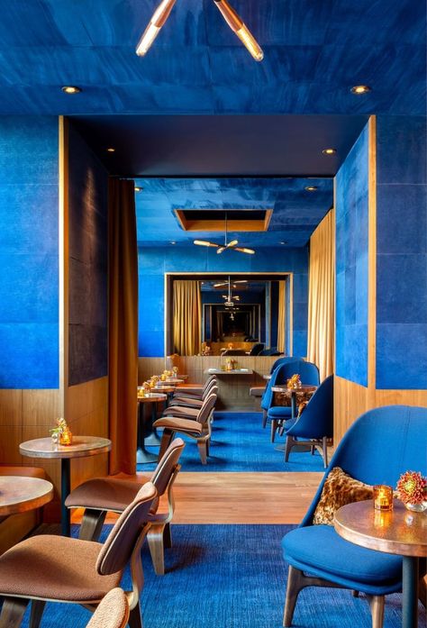 royal blue restaurant design trends Architecture Lookbook, Restaurant Trends, Blue Cafe, Local Furniture, Restaurant Interior Design, Blue Interior, Restaurant Interior, Cafe Interior, Lounge Areas