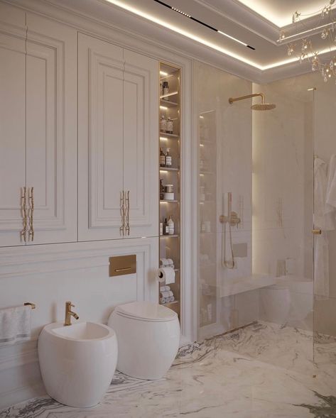 Neoclassical Bathroom Design, Neo Classical Bathroom, Neoclassical Bathroom, Neo Classical Interiors, Modern Classic Bathroom, Neo Classic Design, Classical Bathroom, Dream Apartment Decor, Classic Bathroom