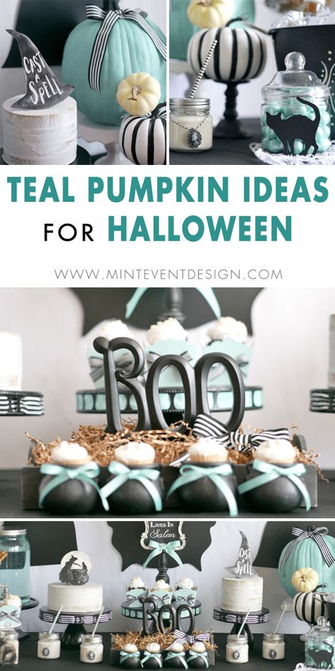 Add a touch of sophistication to your Halloween Party this year with teal pumpkins and decorations. Come see how Mint Event Design styled this Not Every Witch Lives in Salem Halloween party on www.minteventdesign.com #halloween #halloweendecorations #halloweenparty #halloweendecor #pumpkindecor #halloweenideas #halloweenparty #halloweenpartyideas Aqua Halloween Decor, Turquoise Halloween Decor, Teal Halloween Decor, Teal Pumpkin Ideas, Blue Halloween Decor, Pumpkin Ideas For Halloween, Teal Fall Decor, Teal Halloween, Salem Halloween