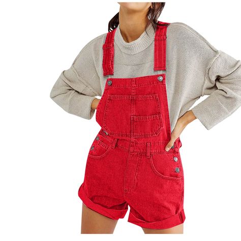 Casual Summer Rompers, Jean Short Overalls, Denim Shortalls, Red Overalls, Overalls Casual, Jean Romper, Resort Wear For Women, Belted Romper, Relax Pants