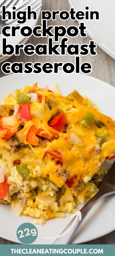 High Protein Crock Pot Breakfast Casserole Recipe is so delicious! This slow cooker egg casserole with sausage cooks overnight for a healthy breakfast! You could also make it with ham or with bacon! Sausage Breakfast Crockpot Recipes, Healthy Breakfast Crockpot, Crockpot Healthy Breakfast, Slow Cooker Overnight Breakfast Casserole, Breakfast Casserole In Slow Cooker, Crock Pot Egg Casserole Overnight, Crockpot Breakfast Casserole Healthy, Breakfast Casserole Crockpot With Hashbrowns, Brunch Crock Pot Ideas