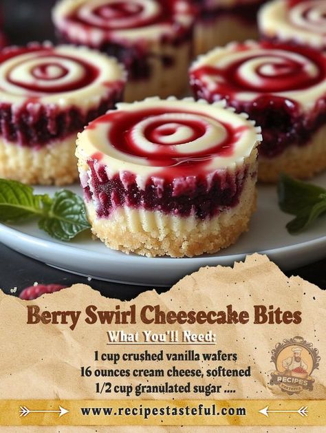 Yummy Recipes | **Berry Swirl Cheesecake Bites** | Facebook Triple Berry Dessert Recipes, Berry Swirl Cheesecake Bites, The Best Mini Cheesecakes, Mini Berry Cheesecakes, Berry Swirl Cheesecake, Easy Cheesecake Bites No Bake, Cheesecake Traybake, Wedding Cheesecake Bites, Small Dessert Ideas