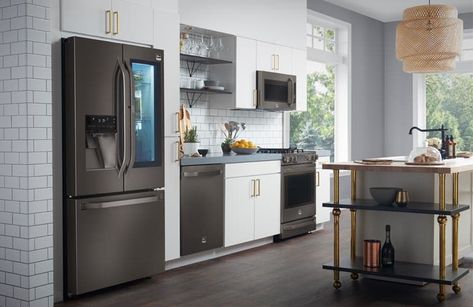 Kitchen Cabinets With Black Appliances, Black Stainless Steel Appliances, Black Stainless Appliances, Black Stainless Steel Kitchen, Black Appliances Kitchen, Kitchen Appliance Storage, Kitchen New York, Outdoor Kitchen Appliances, Blue Kitchen Cabinets