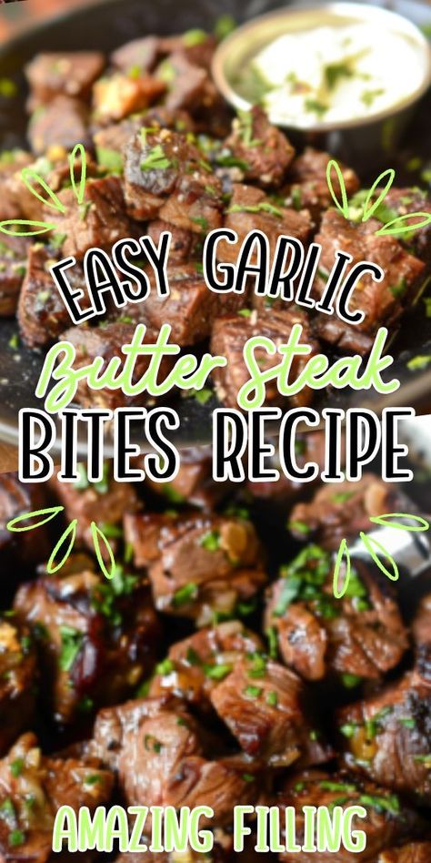 Easy Garlic Butter Steak Bites—a savory and succulent dish that's bursting with flavor. Imagine tender pieces of steak, seared to perfection and coated in a rich garlic butter sauce, creating a mouthwatering experience that will leave you craving more. Whether served as an appetizer, main Easy Garlic Steak Bites, Steak Bites With Garlic Butter Oven, Easy Garlic Butter, Gourmet Steak, Garlic Butter Steak Bites, Butter Steak Bites, Steak Bites Recipe, Garlic Steak, Garlic Beef