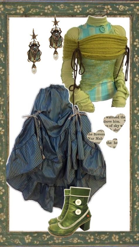 Whimsical green fairy inspired outfit board Pixie Hollow Fairies Outfits, Whimsical Fantasy Outfit, 80s Green Outfit, Fairy Core Casual Outfits, Honey Outfit Aesthetic, Punk Fairy Outfit, Mad Hatter Clothes Inspired Outfits, Green Corset Outfit Ideas, Fairy Outfit Casual