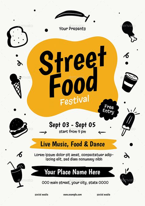 Food Stall Poster Ideas, Street Food Poster Design, Food Stall Poster Design, Food Event Poster Design, Food Festival Poster Design Ideas, Poster Food Festival, Foodfest Poster, Food Event Poster, Street Festival Poster