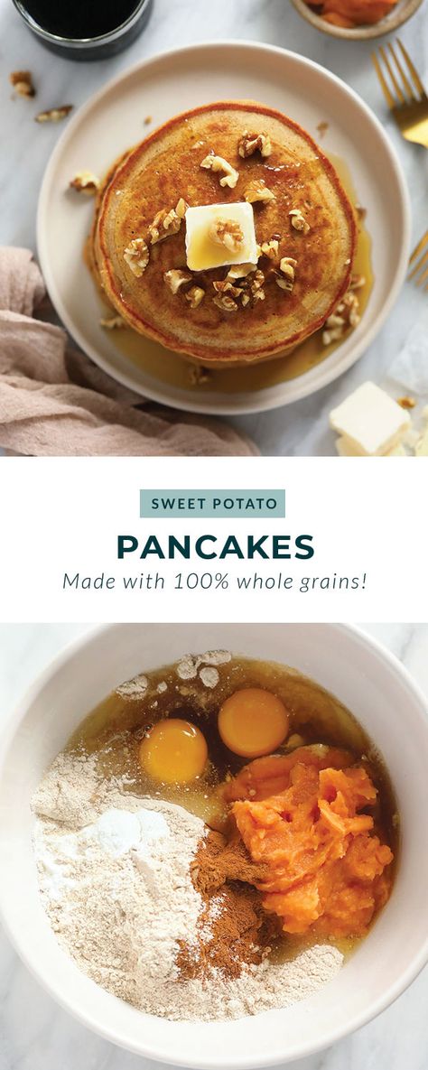 Sweet Potato Pancakes Recipe, Sweet Potato Puree, Healthy Pancake, Healthy Sweet Potato, Fit Foodie Finds, Healthy Pancake Recipes, Sweet Potato Waffles, Sweet Potato Pancakes, Sweet Potato And Apple