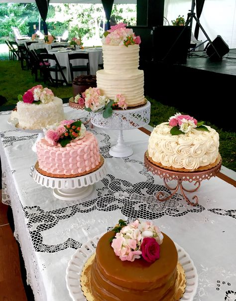 Multiple Wedding Cakes Table  #auntnancysweddingcakes Wedding Cakes Table, Multiple Wedding Cakes, Cakes Table, Wedding Cake Display Table, Wedding Cake Table Decorations, Vintage Pasta, Cake Display Table, Red Birthday Cakes, Wedding Cake Display