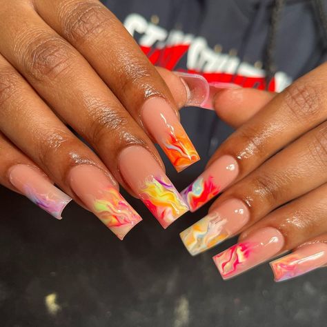 Multicolor Marble Nails, Pink And Yellow Marble Nails, Purple Marble French Tip Nails, Caribbean Nails Designs, Caribbean Nails, Bright Pink Marble Nails, Orange And Purple Marble Nails, Marble Nails Pink And Purple, Pop Art Nails