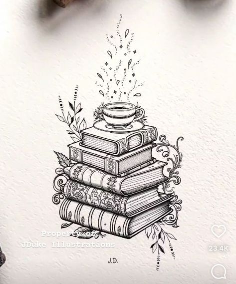 Books With Coffee Tattoo, Book And Coffee Tattoo, Book Lover Tattoo Ideas, Coffee Tattoos, Coffee Flower, Flowers Tattoo, Book Flowers, Book Tattoo, Coffee And Books