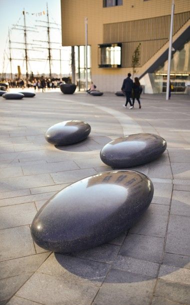 Pendeen-Pebble-Seats-at-Dundee-black-concrete Dundee Waterfront, Architecture Courtyard, Public Furniture, Cast Concrete, Concrete Bench, Garden Tool Shed, Landscape Elements, Urban Furniture, Low Maintenance Garden