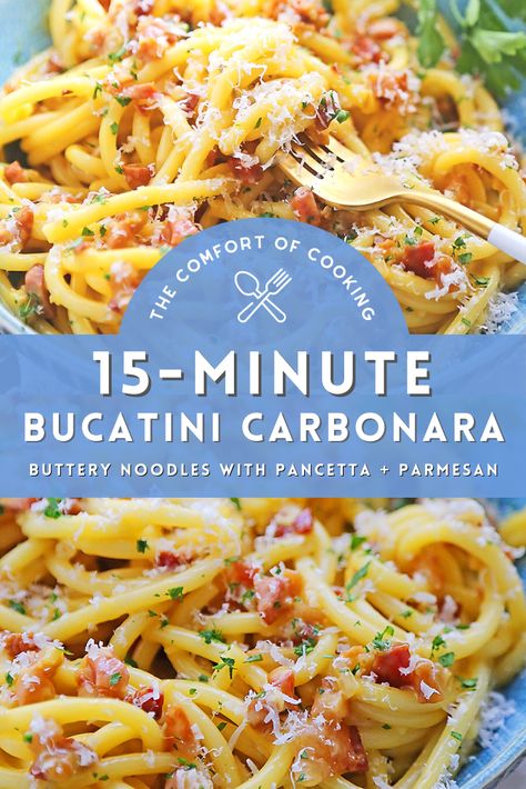 Recipe With Pancetta, Bucatini Carbonara, Bucatini Recipes, Buttery Noodles, Pancetta Recipes, Creamy Parmesan Sauce, Recipes For The Whole Family, Carbonara Recipe, Quick Dinners