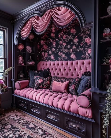 Pink Witchy Bedroom, Victorian Maximalist Decor, Vampire Interior, Vampire Bedroom Aesthetic, Goth Barbie Aesthetic, Romantic Goth Room, Pink Goth Room, Black And Pink Room, Pink And Black Bedroom Ideas