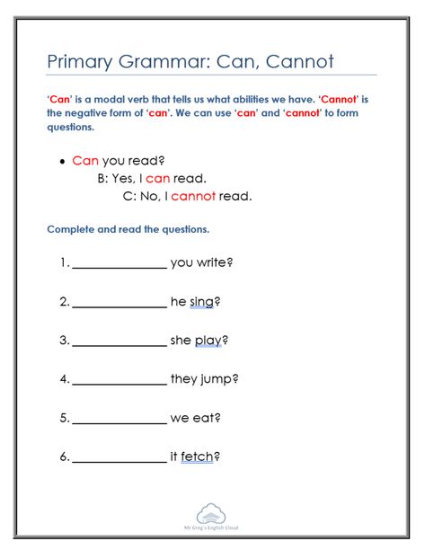 Primary Grammar Worksheets - Mr Greg's English Cloud Can Cannot Worksheet, Test For Kids, English Worksheets For Kids, Kids English, Grammar Worksheets, English Worksheets, Worksheets For Kids, Primary School, Grammar