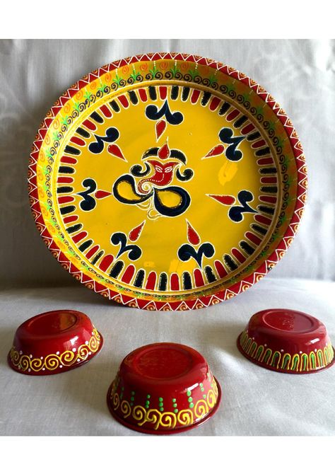 Hand Painted Pooja Set Puja Thali Painting, Painting On Plates, Cone Painting, Puja Thali, Handmade Decorative Items, Thali Decoration, Wedding Plate, Marriage Function, Thali Decoration Ideas