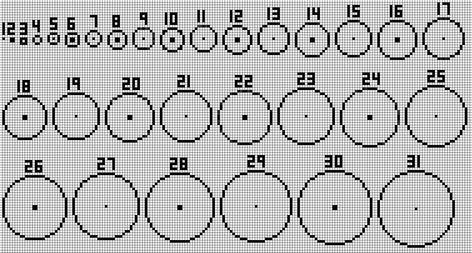 New circle guide, 1-31. Even diameters, bigger, no interior corners. - Imgur Minecraft Circle Chart, Minecraft Kale, Minecraft Circle, Pixel Circle, Minecraft Circles, Minecraft Hack, Minecraft Templates, Construction Minecraft, Minecraft Building Guide