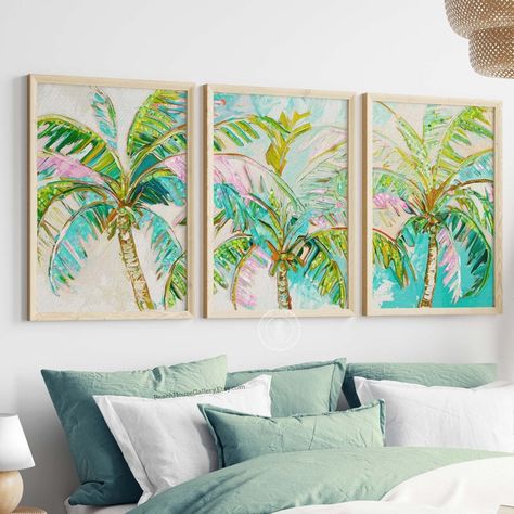 Set of 3 Palm Tree Art Prints Art Paper or Canvas Bright Beach House Triptych Art Colorful Coastal Wall Art Palm Beach Chic Art - Etsy Pink And Green Coastal Bedroom, Art For Bedroom Walls Above Bed, Bright Beach House, Palm Beach Bedroom, 3 Canvas Painting Ideas, Tropical Bedroom Decor, Palm Beach Chic, Above Bed Wall Art, Colorful Coastal