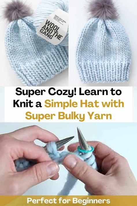 Learn how to knit a simple hat with super bulky yarn by watching this video tutorial. Hats are fast and it's easy to get creative with them. You can be creative with the stitches and creative with the type of yarn you use and creative with the color. The creator of this video will teach you step by step how to make this beautiful hat so that the result of your knitting looks incredible! This is the perfect beginner hat if you are just starting to knit in the round. It's simple, it knits up... Thick Yarn Hat Knitting Pattern, Super Bulky Knit Hat Pattern Free, Bulky Knit Hat, Wool Hat Pattern, Knitting Patterns For Hats, Yarn Weight Chart, Easy Knit Hat, Beanie Pattern Free, Hats Ideas