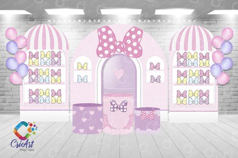 Bowtique Party Ideas, Minnie Candyland, Minnies Bowtique Party, Minnie Boutique, Minnie Y Daisy, Wedding Backdrop Decorations, Minnie Mouse Pink, Minnie Mouse Birthday Party, Baby Minnie Mouse