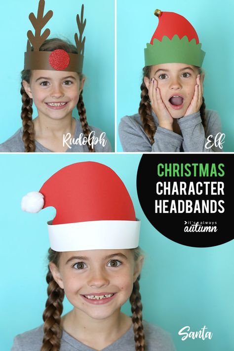 Cute Christmas headbands for kids! Paper Santa, Reindeer, and Elf headbands. Easy kids craft, great for classroom parties. Christmas Headband Craft, Christmas Craft Easy, Classroom Christmas Party, Elf Reindeer, Easy Christmas Craft, Elf Crafts, Easy Elf, Headband Crafts, Preschool Christmas Crafts