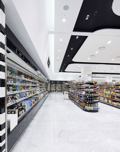 Kintex Department by HMKM Seoul 16 Supermarket Ceiling Design, Market Store Design, Department Store Design, Supermarket Design Interior, Store Shelves Design, Grocery Store Design, Mall Stores, Supermarket Design, Mall Design