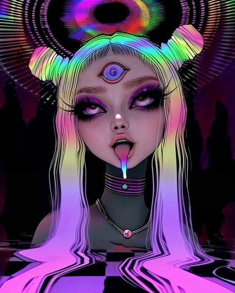 3 Eyed Character Design, Black Light Drawings, Breakup Painting, Trippy Background, Edm Girl, Creepy Clown Makeup, Rave Art, Lsd Art, Girl Room Art