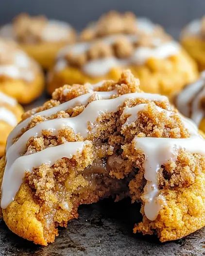 Pumpkin Cinnamon Crumb Cookies with Sweet Icing Drizzle Crumble Cookies Pumpkin, Pumpkin Cinnamon Crumble Cookies, Pumpkin Crumble Cookies, Monster Treats, Cinnamon Crumble, Cinnamon Chips, Favorite Cookie Recipe, Cookie Brownie Bars, Cookie Crumbs