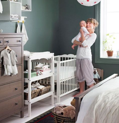 Shared Baby Rooms, Ikea Baby Room, Ikea Baby, Shared Nursery, Nursery Guest Room, Small Space Nursery, Baby Corner, Parents Room, Nursery Baby Room