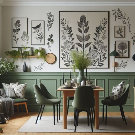 Sage Dining Room Walls, Grey Dinning Room, Room Plants Decor, Botanical Dining Room, Green Home Accessories, Living Room Plants Decor, Wainscoting Dining Room, Dining Room Colour Schemes, Green Farmhouse