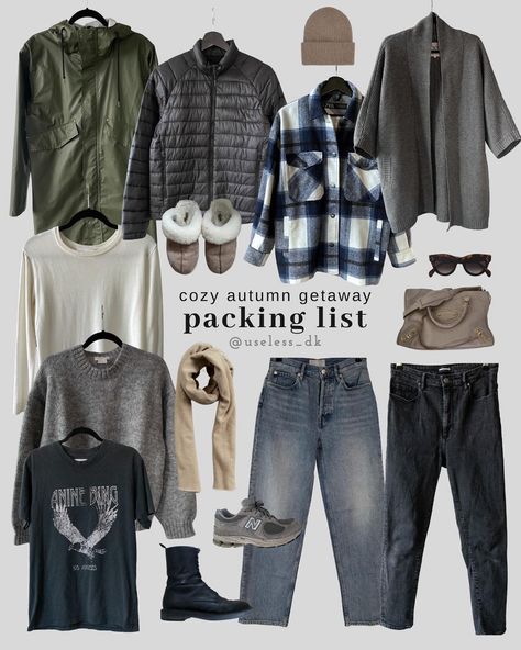 Cozy autumn getaway packing list & outfit ideas 🍂🐻 We're going away to the countryside this weekend and this may very well be what I pack.… | Instagram Autumn Weekend Outfit, Hiking Date Outfit Fall, Fall Weekend Getaway Outfits Casual, Long Weekend Packing List Fall, Mountain Casual Outfits, Cabin Getaway Outfit, Packing List For Weekend Trip, Winter Weekend Getaway Outfits, City Break Outfit Autumn