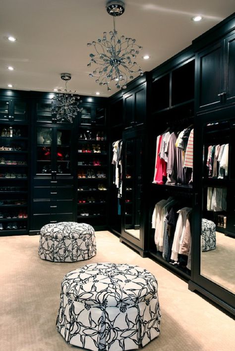 Black luxury walk-in closet. Backlit Shelving, A Walk In Closet, Contemporary Closet, Black Closet, Amazing Closets, Walking Closet, Walk In Closet Design, Dream Closets, Shelving Units