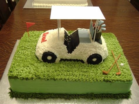 golf cart cake - this is a golf cart cake on a slab cake. The golf cart is buttercream with fondant extras. I used the grass tip to cover the slab cake. Golf Cart Cake, Golf Cart Covers, Slab Cake, Golf Cake, Golf Decor, Golf Party, Golf Theme, Golf Drivers, Golf Cart Parts