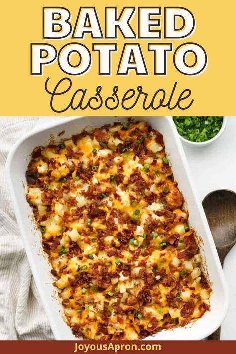 Easy and delicious potato casserole inspired by loaded baked potatoes! Creamy potatoes are combined with sour cream and cheddar cheese, and topped with crumbled bacon and green onions. The perfect potato side dish to feed a crowd! Loaded Potato Casserole, Potato Side Dishes Easy, Loaded Baked Potato Casserole, Creamy Potatoes, Potato Side Dish, Frozen Potatoes, Baked Potato Casserole, Potato Recipes Side Dishes, Potatoe Casserole Recipes