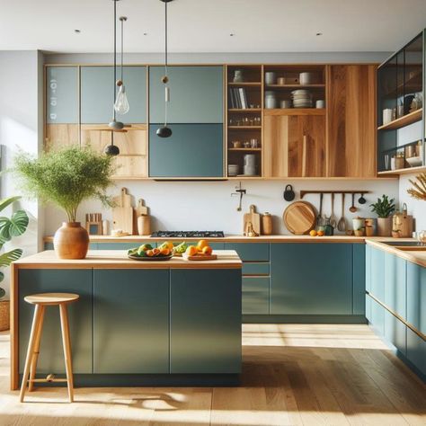 Petrol Kitchen, Teal Wood Kitchen, Petrol Blue Kitchen, Teal Colour Kitchen Cabinets, Dark Teal Cabinets Kitchens Modern, Tealkitchen Cabinets, Kitchen Board, 40th Birthday Cakes, Shed Homes