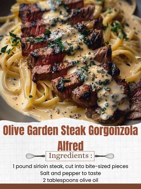 Olive Garden Steak Gorgonzola Recipe, Steak Gorgonzola Alfredo, Gorgonzola Alfredo, Creative Cookery, Steak Alfredo, Steak Gorgonzola, Gorgonzola Recipes, Strip Steak Recipe, Cottage Recipes