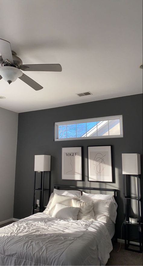 Grey Room Ideas Bedroom Small Spaces, Grey Carpet White Walls Living Rooms, Dark Grey Feature Wall Bedroom, Black And Grey Walls, Grey Wall Room, Modern Minimalist Bedroom Small Simple, Room Ideas Aesthetic Grey, Room Ideas For Men Bedroom Small Spaces, Colors To Paint A Bedroom