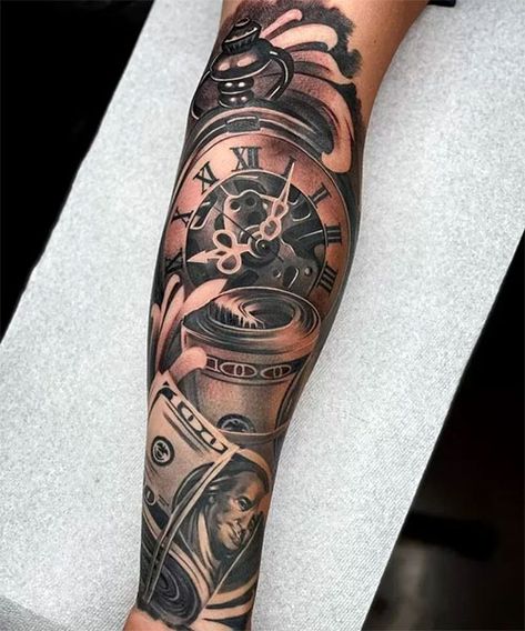 Meaningful Money Sleeve Tattoo Designs Time Is Money Hourglass Tattoo, Forearm Tattoo Men Sleeve Money, Forearm Tattoos Clock, Time And Money Tattoo, Money Is Time Tattoo, Time Is Money Tattoo For Men, Money Forearm Tattoo Men, Money Rolls Tattoo, Money Tattoo Ideas