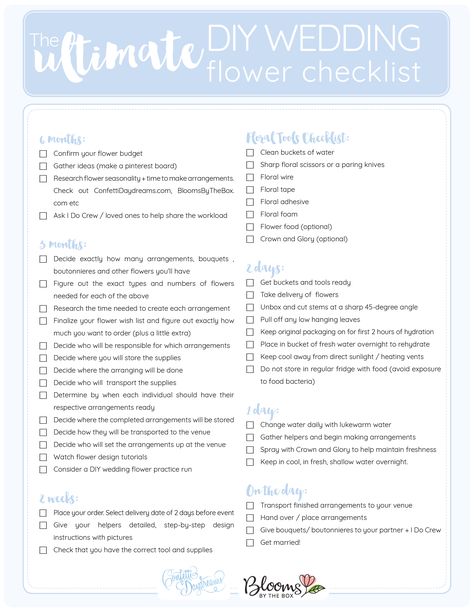 The Ultimate DIY Wedding Flower Checklist (Printable)  Planning on going the DIY route for your wedding flowers? Then you'l need to grab this handy DIY wedding flower checklist printable to guide you through the wedding flower making process.   #weddingchecklist #weddingprintable #diywedding #wedding #weddingflowers #weddingplanning #weddingtimeline #weddingadvice #confettidaydreams Wedding Flower Checklist, Diy Wedding Checklist, Wedding Planning Checklist Printable, Wedding Flower Guide, Boda Diy, Checklist Printable, Free Wedding Printables, Flower Guide, Planning Checklist