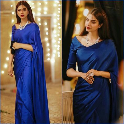 Grad Saree, Sarees Simple, Dark Blue Saree, Isha Borah, Saree Satin, Frock Models, Indian Bridesmaid Dresses, Saree Ideas, Simple Saree Designs