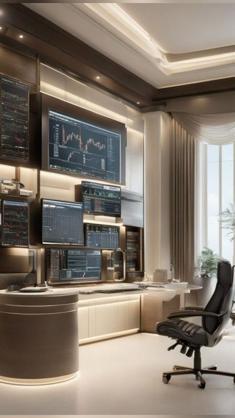 Trading Office Design, Modern Den, Decorating Office, Trading Room, Trading Indicators, Trading Business, Dresses Office, Interior Design Office, Off The Shoulder Dresses