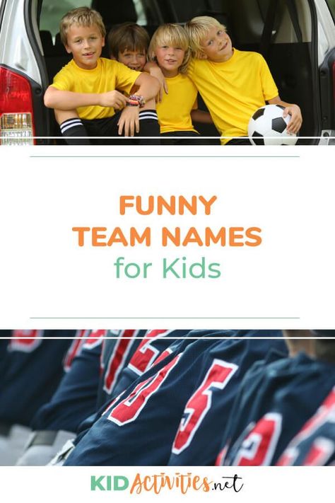 A collection of funny team names for kids. Great for team sports or pick up games in the gym. #kidactivities #kidgames #activitiesforkids #funforkids #ideasforkids Kids Soccer Team Names, Softball Team Names Ideas, Dodgeball Team Names, Kickball Team Names, Fun Team Names, Running Team Names, Kids Soccer Team, Volleyball Team Names, Best Team Names