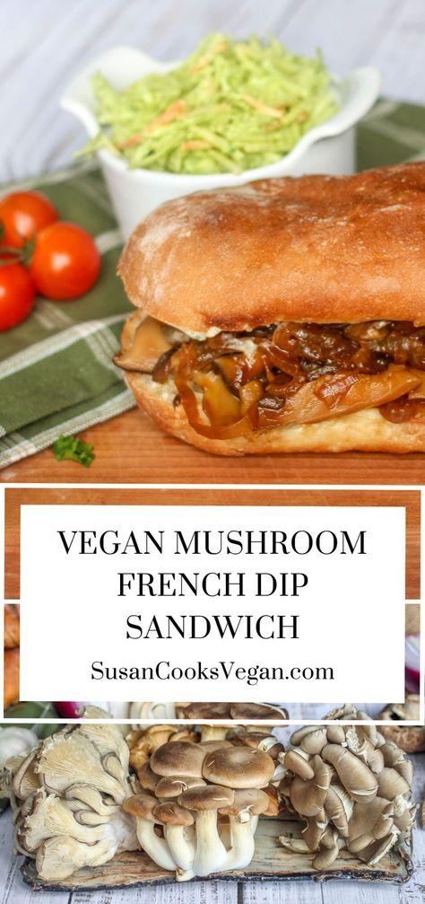 Mushroom Baguette Sandwich, Vegan French Dip Sandwich, Vegan Baguette Sandwich, Mixed Mushroom Recipes, Vegan Au Jus, Vegan French Dip, Veg Sandwiches, Vegan Sandwich Filling, Horseradish Mustard