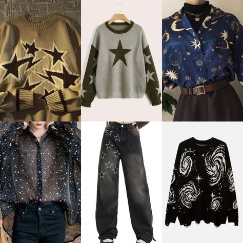 star themed sweater(s), star patterned jeans, blue silk shirt w/celestial embroidery, black sweater with white galaxies, sheer black button down with glitter "stars" Star Themed Outfits Men, Clothes With Stars Aesthetic, Star Inspired Outfits Male, Spacecore Outfits Male, Space Aesthetic Outfit Men, Star Themed Character, Stars Aesthetic Clothes, Galaxy Outfit Men, Celestial Men Outfit