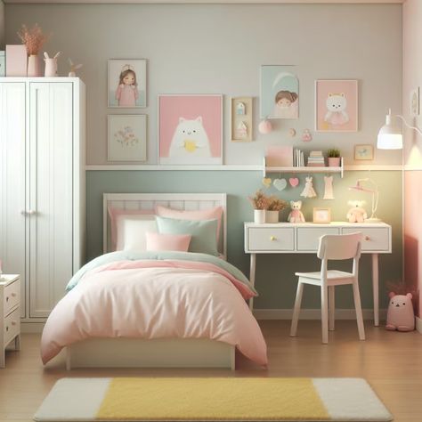 Explore a charming girl's room with pastel shades and cute decor Generated by AI. Girls Pastel Bedroom Ideas, Pastel Girls Bedroom, Loft Bedroom Decor, Green Kids Room, Small Room Girl, Green Kids Rooms, Blue And Pink Bedroom, Girls Room Paint, Bedroom For Girls Kids