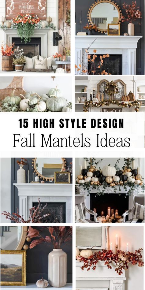 Bring the beauty of autumn indoors with our '15 High Style Fall Mantel Decorating Ideas'. Discover how to create a stunning centerpiece for your fall fireplace with seasonal elements, warm hues, and unique pieces. Transform your living space into an inviting autumnal retreat. Want to know more? See my blog for more! Fall Greenery On Mantle, Fall Mantel Decoration Ideas, Autumn Fireplace Mantel Decor, Mantel Piece Decor, Fall Decor Fireplace Mantle, Fall Fireplace Mantel Decorating Ideas, Fall Mantle Decor Ideas, Fall Fireplace Mantle Decor, Thanksgiving Fireplace Decor