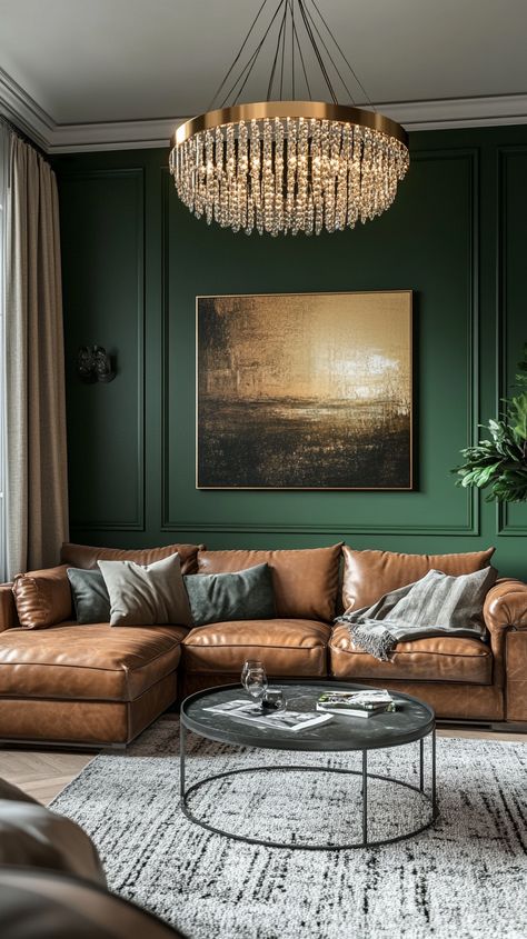 Modern living room with emerald green walls, brown leather furniture, chandelier, artwork, and cozy plants for a boho vibe. Green And Cognac Living Room, Teal Accent Wall Living Room, Green Boho Living Room, Emerald Green Walls, Green Living Room Walls, Green Couch Living Room Ideas, Boho Mid Century Modern Living Room, Emerald Sofa, Victorian Home Remodel