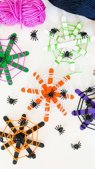 Kids Craft and Learning Page on Instagram: "Spiderweb Stick Crafts 🕸 follow @abcdeelearning for more craft ideas! 🕷Create a spiderweb by painting small popsicle sticks 🕸Hot glue them in a plus shape then make an X behind the plus 🧶Have the kids use colored yarn and wrap the yarn around the sticks 🕸Start at the bottom and work your way up when wrapping! Place a small piece of tape on the ends 🕷Add on some toy spiders ! Will you try this fun craft?" Spider Web Craft Popsicle Sticks, Popsicle Stick Spider Web Craft, Spider Web Popsicle Stick Craft, Popsicle Spider Web Craft, Spiderweb Popsicle Sticks, Popsicle Stick Spider Web, Halloween Crafts With Popsicle Sticks, Spiderweb Crafts For Kids, Spiderweb Craft